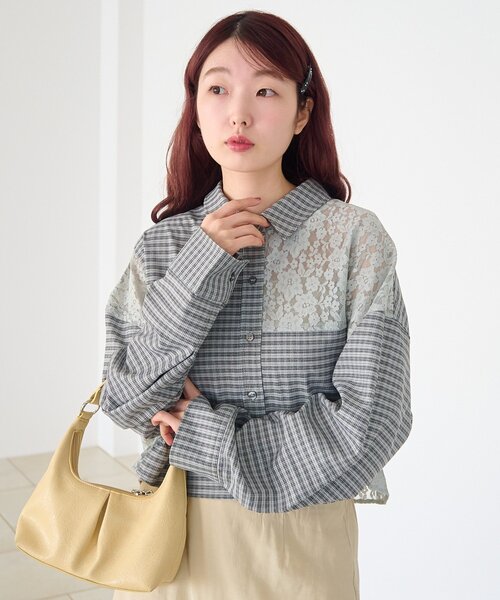 Kastane（カスタネ）の「【1.1(木)0:00発売/S.Mサイズ展開/WEB先行】パッチワークレースシャツ（シャツ/ブラウス・レディース・ブラック/ライトグレー・SMALL/MEDIUM）」の14枚目の写真