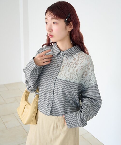 Kastane（カスタネ）の「【1.1(木)0:00発売/S.Mサイズ展開/WEB先行】パッチワークレースシャツ（シャツ/ブラウス・レディース・ブラック/ライトグレー・SMALL/MEDIUM）」の15枚目の写真