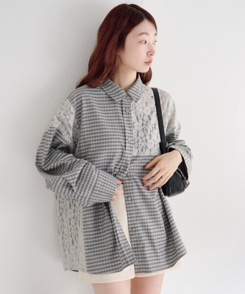 Kastane（カスタネ）の「【1.1(木)0:00発売/S.Mサイズ展開/WEB先行】パッチワークレースシャツ（シャツ/ブラウス・レディース・ブラック/ライトグレー・SMALL/MEDIUM）」の6枚目の写真