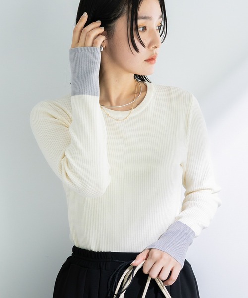 Green　Parks（グリーンパークス）の「アンチピリング袖配色ニットプルオーバー（ニット/セーター・レディース・アイボリー/ブラック/ピンク・FREE）」の2枚目の写真