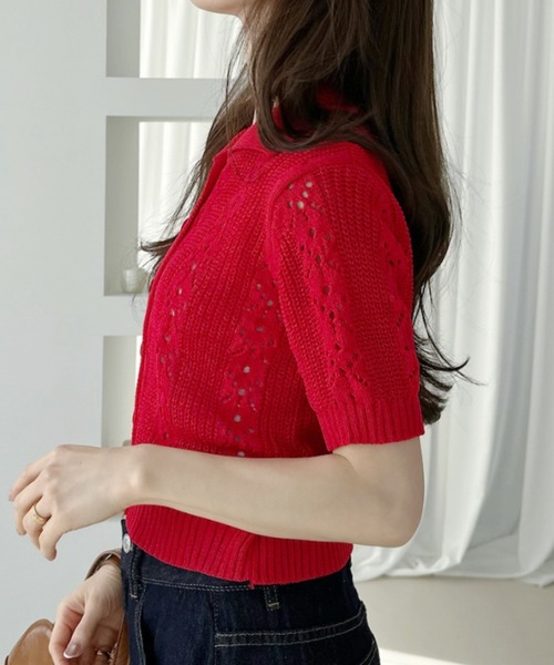 Ada.（エイダ）の「透かし編み 半袖ニットポロ（ニット/セーター・レディース・ブラック/ホワイト/レッド・FREE）」の18枚目の写真