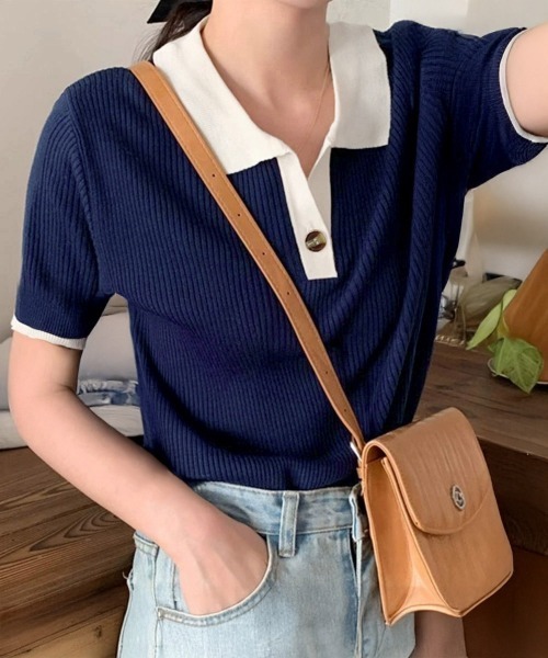 Miniministore(ミニミニストア)の「ポロニットトップス半袖ポロシャツVネック(Tシャツ/カットソー・レディース・ミント/ネイビー/ホワイト/ピンク/ブラック・FREE)」の1枚目の写真