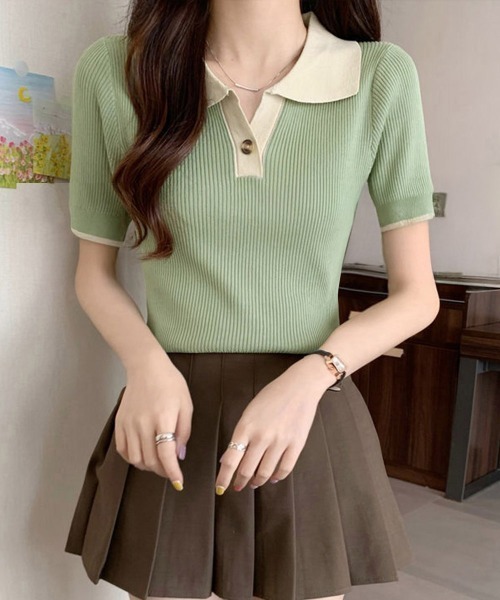 Miniministore(ミニミニストア)の「ポロニットトップス半袖ポロシャツVネック(Tシャツ/カットソー・レディース・ミント/ネイビー/ホワイト/ピンク/ブラック・FREE)」の4枚目の写真