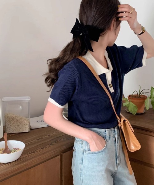 Miniministore(ミニミニストア)の「ポロニットトップス半袖ポロシャツVネック(Tシャツ/カットソー・レディース・ミント/ネイビー/ホワイト/ピンク/ブラック・FREE)」の6枚目の写真