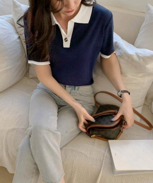 Miniministore(ミニミニストア)の「ポロニットトップス半袖ポロシャツVネック(Tシャツ/カットソー・レディース・ミント/ネイビー/ホワイト/ピンク/ブラック・FREE)」の7枚目の写真