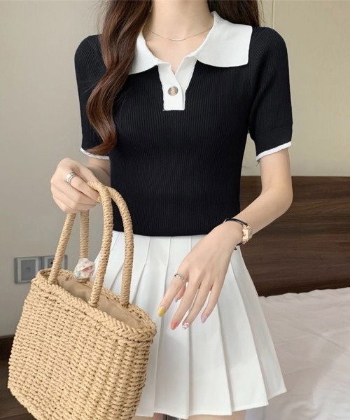 Miniministore(ミニミニストア)の「ポロニットトップス半袖ポロシャツVネック(Tシャツ/カットソー・レディース・ミント/ネイビー/ホワイト/ピンク/ブラック・FREE)」の10枚目の写真