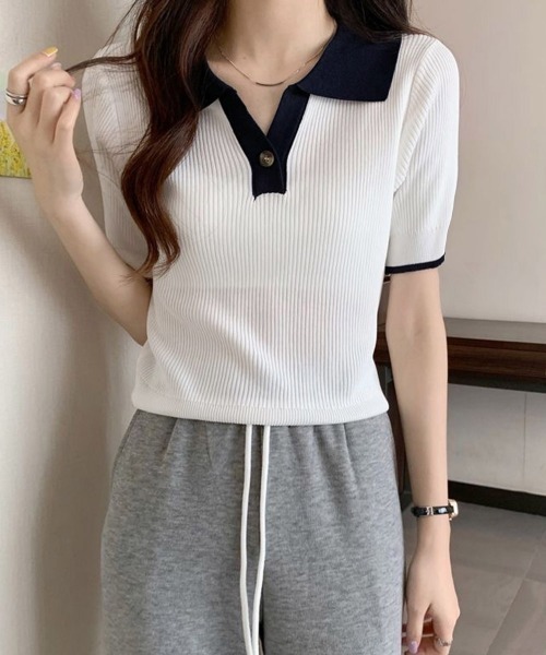 Miniministore(ミニミニストア)の「ポロニットトップス半袖ポロシャツVネック(Tシャツ/カットソー・レディース・ミント/ネイビー/ホワイト/ピンク/ブラック・FREE)」の11枚目の写真