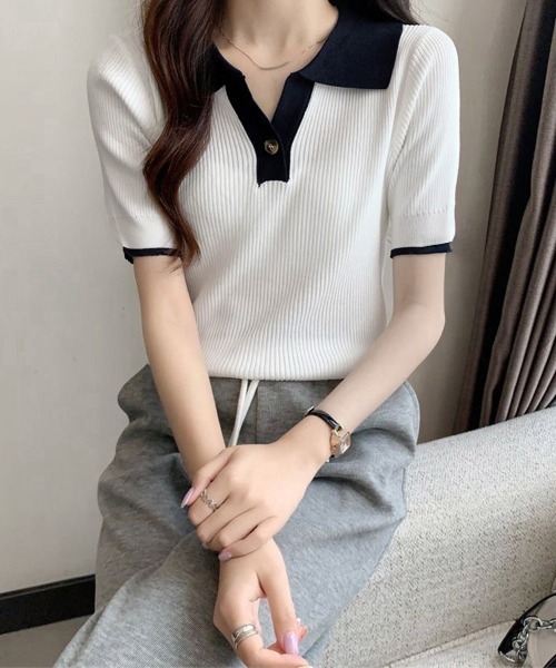 Miniministore(ミニミニストア)の「ポロニットトップス半袖ポロシャツVネック(Tシャツ/カットソー・レディース・ミント/ネイビー/ホワイト/ピンク/ブラック・FREE)」の12枚目の写真