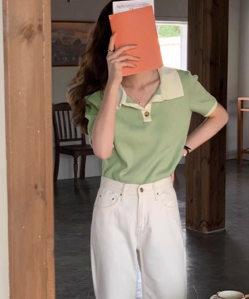 Miniministore(ミニミニストア)の「ポロニットトップス半袖ポロシャツVネック(Tシャツ/カットソー・レディース・ミント/ネイビー/ホワイト/ピンク/ブラック・FREE)」の14枚目の写真