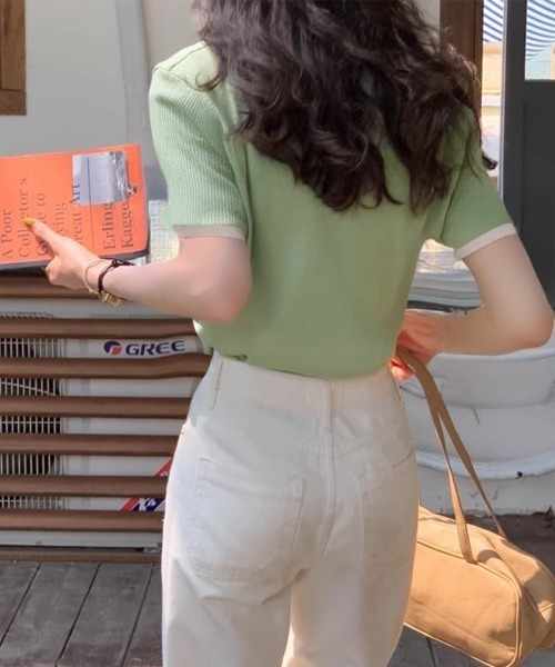 Miniministore(ミニミニストア)の「ポロニットトップス半袖ポロシャツVネック(Tシャツ/カットソー・レディース・ミント/ネイビー/ホワイト/ピンク/ブラック・FREE)」の15枚目の写真