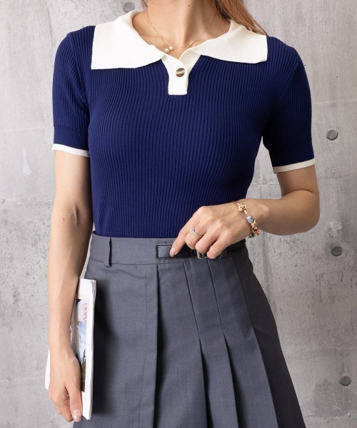 Miniministore(ミニミニストア)の「ポロニットトップス半袖ポロシャツVネック(Tシャツ/カットソー・レディース・ミント/ネイビー/ホワイト/ピンク/ブラック・FREE)」の17枚目の写真