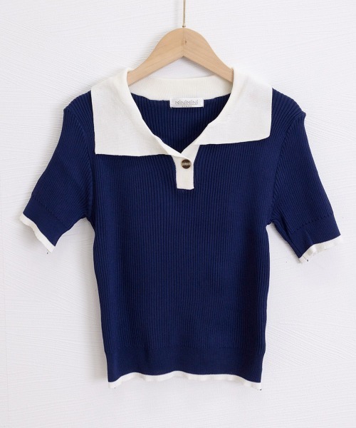 Miniministore(ミニミニストア)の「ポロニットトップス半袖ポロシャツVネック(Tシャツ/カットソー・レディース・ミント/ネイビー/ホワイト/ピンク/ブラック・FREE)」の20枚目の写真