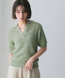 綿100%透かし編みスキッパーポロ衿半袖ニット