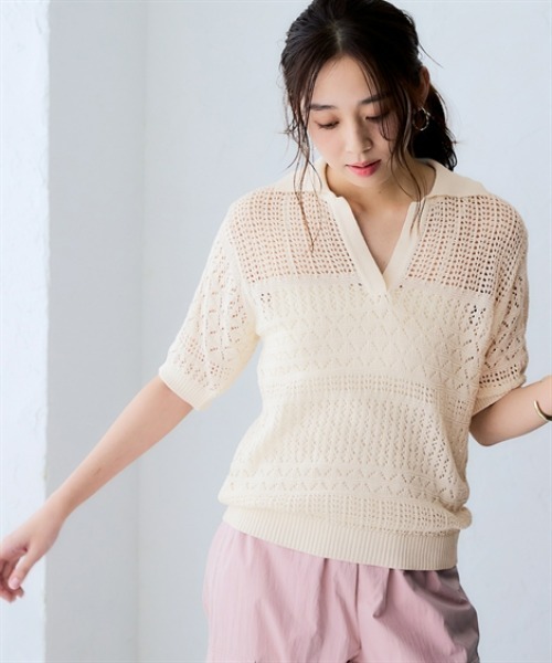 nissen(ニッセン)の「綿100%透かし編みスキッパーポロ衿半袖ニット(ニット/セーター・レディース・テラコッタ/グリーン/ブラック/アイボリー・S/M/L/LL/3L)」の2枚目の写真