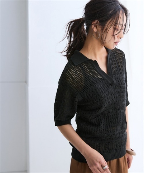 nissen(ニッセン)の「綿100%透かし編みスキッパーポロ衿半袖ニット(ニット/セーター・レディース・テラコッタ/グリーン/ブラック/アイボリー・S/M/L/LL/3L)」の1枚目の写真