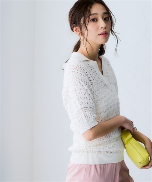nissen(ニッセン)の「綿100%透かし編みスキッパーポロ衿半袖ニット(ニット/セーター・レディース・テラコッタ/グリーン/ブラック/アイボリー・S/M/L/LL/3L)」の14枚目の写真