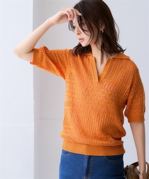 nissen(ニッセン)の「綿100%透かし編みスキッパーポロ衿半袖ニット(ニット/セーター・レディース・テラコッタ/グリーン/ブラック/アイボリー・S/M/L/LL/3L)」の10枚目の写真