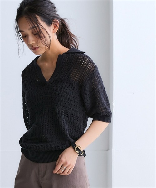 nissen(ニッセン)の「綿100%透かし編みスキッパーポロ衿半袖ニット(ニット/セーター・レディース・テラコッタ/グリーン/ブラック/アイボリー・S/M/L/LL/3L)」の9枚目の写真