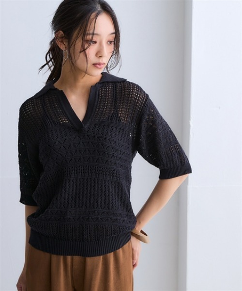 nissen(ニッセン)の「綿100%透かし編みスキッパーポロ衿半袖ニット(ニット/セーター・レディース・テラコッタ/グリーン/ブラック/アイボリー・S/M/L/LL/3L)」の6枚目の写真