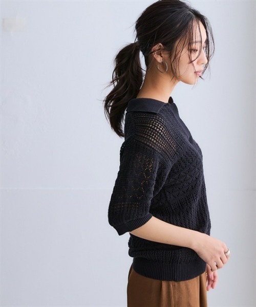 nissen(ニッセン)の「綿100%透かし編みスキッパーポロ衿半袖ニット(ニット/セーター・レディース・テラコッタ/グリーン/ブラック/アイボリー・S/M/L/LL/3L)」の5枚目の写真