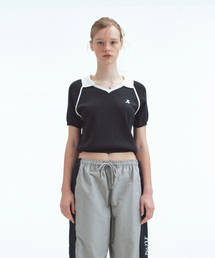 V-NECK COLLAR KNIT TOP - NAVY