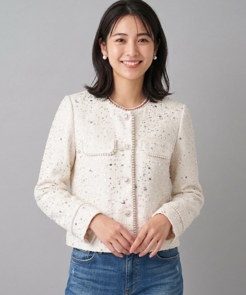 Lana821(ラナハニー)の「縁取りパールアクセント ツイードコート(ノーカラージャケット・レディース・アイボリー・L/M/S)」の8枚目の写真