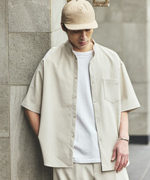 速乾素材 リラックスフィット バンドカラーシャツ ショートスリーブ リネン風/LINEN LIKE BAND SS SHT