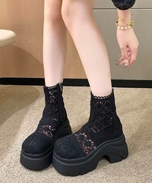 Sibra | 8cm厚底 透かし編みレースブーツ 夏用 通気性 サイドジップ(ブーツ)