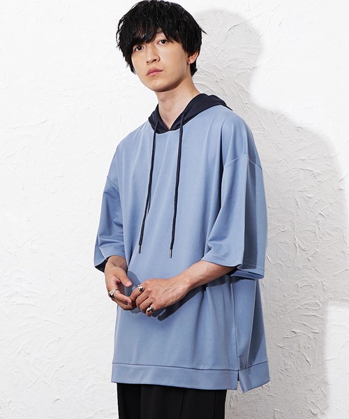MinoriTY(マイノリティ)の「【MinoriTY】ビッグシルエット配色5分袖パーカー メンズ 春服 夏服 ユニセックス(パーカー・メンズ・グレー/チャコール/ネイビー/ブルーグレー・S/L/M)」の2枚目の写真
