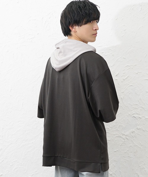 MinoriTY(マイノリティ)の「【MinoriTY】ビッグシルエット配色5分袖パーカー メンズ 春服 夏服 ユニセックス(パーカー・メンズ・グレー/チャコール・S/L/M)」の3枚目の写真