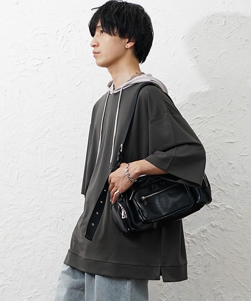 MinoriTY(マイノリティ)の「【MinoriTY】ビッグシルエット配色5分袖パーカー メンズ 春服 夏服 ユニセックス(パーカー・メンズ・グレー/チャコール・S/L/M)」の7枚目の写真