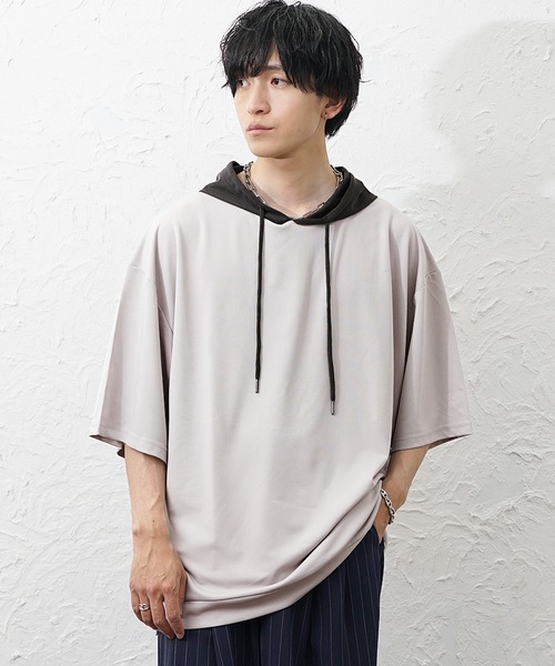 MinoriTY(マイノリティ)の「【MinoriTY】ビッグシルエット配色5分袖パーカー メンズ 春服 夏服 ユニセックス(パーカー・メンズ・グレー/チャコール・S/L/M)」の9枚目の写真