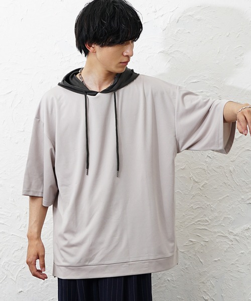 MinoriTY(マイノリティ)の「【MinoriTY】ビッグシルエット配色5分袖パーカー メンズ 春服 夏服 ユニセックス(パーカー・メンズ・グレー/チャコール・S/L/M)」の10枚目の写真