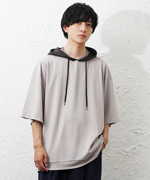MinoriTY(マイノリティ)の「【MinoriTY】ビッグシルエット配色5分袖パーカー メンズ 春服 夏服 ユニセックス(パーカー・メンズ・グレー/チャコール・S/L/M)」の12枚目の写真