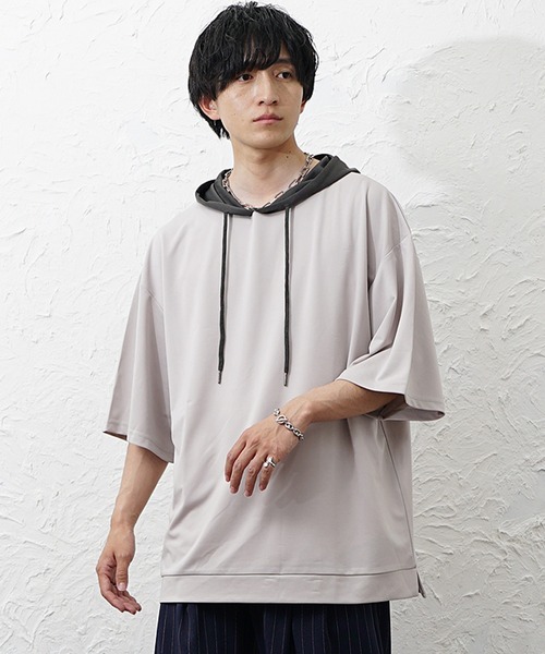 MinoriTY(マイノリティ)の「【MinoriTY】ビッグシルエット配色5分袖パーカー メンズ 春服 夏服 ユニセックス(パーカー・メンズ・グレー/チャコール・S/L/M)」の13枚目の写真