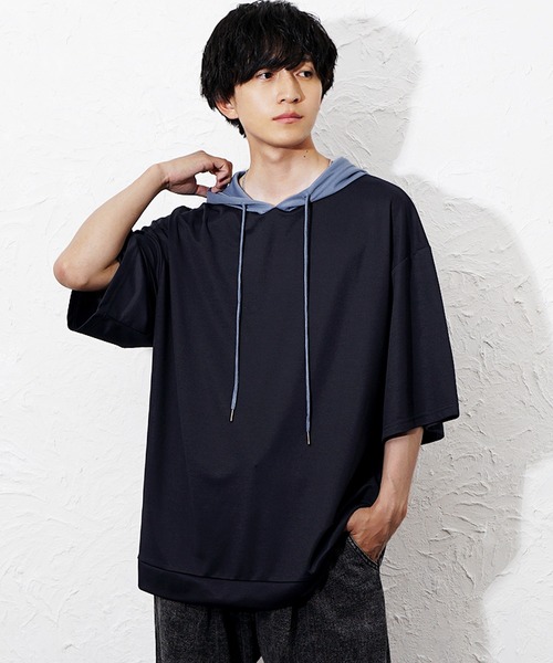 MinoriTY(マイノリティ)の「【MinoriTY】ビッグシルエット配色5分袖パーカー メンズ 春服 夏服 ユニセックス(パーカー・メンズ・グレー/チャコール/ネイビー/ブルーグレー・S/L/M)」の12枚目の写真