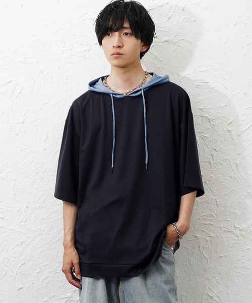 MinoriTY(マイノリティ)の「【MinoriTY】ビッグシルエット配色5分袖パーカー メンズ 春服 夏服 ユニセックス(パーカー・メンズ・グレー/チャコール/ネイビー/ブルーグレー・S/L/M)」の11枚目の写真