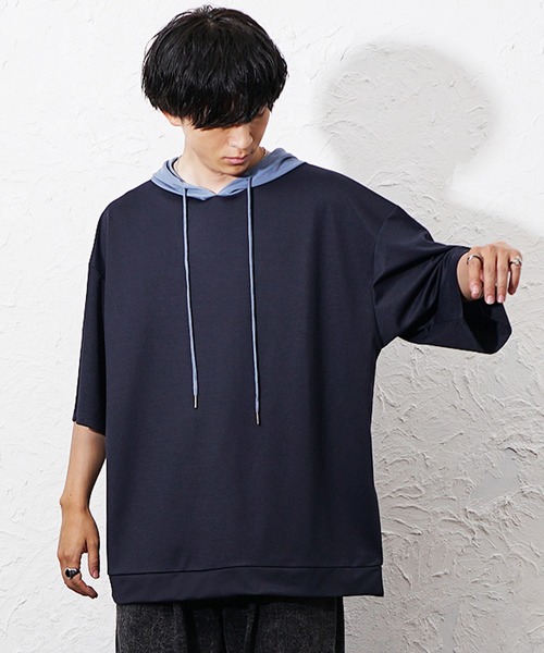 MinoriTY(マイノリティ)の「【MinoriTY】ビッグシルエット配色5分袖パーカー メンズ 春服 夏服 ユニセックス(パーカー・メンズ・グレー/チャコール/ネイビー/ブルーグレー・S/L/M)」の10枚目の写真