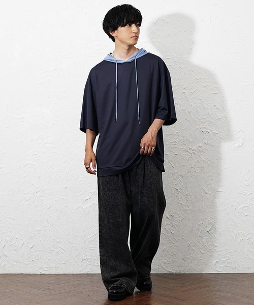 MinoriTY(マイノリティ)の「【MinoriTY】ビッグシルエット配色5分袖パーカー メンズ 春服 夏服 ユニセックス(パーカー・メンズ・グレー/チャコール/ネイビー/ブルーグレー・S/L/M)」の9枚目の写真