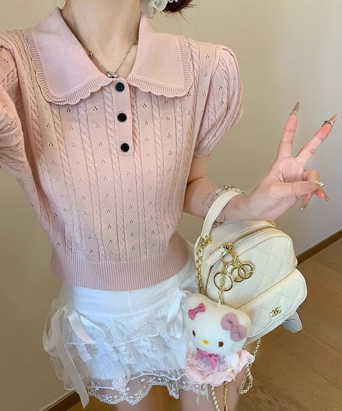 MAISON DE THERESE(メゾン ド テレーズ)の「【2026春夏新作】襟付き配色フリル パフスリーブケーブルポロニットTシャツ(Tシャツ/カットソー・レディース・PINK/アイボリー/GRAY・FREE)」の1枚目の写真