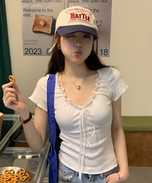 【EIZZ/アイズ】フロント リボン ギャザーフリル 半袖 Tシャツ