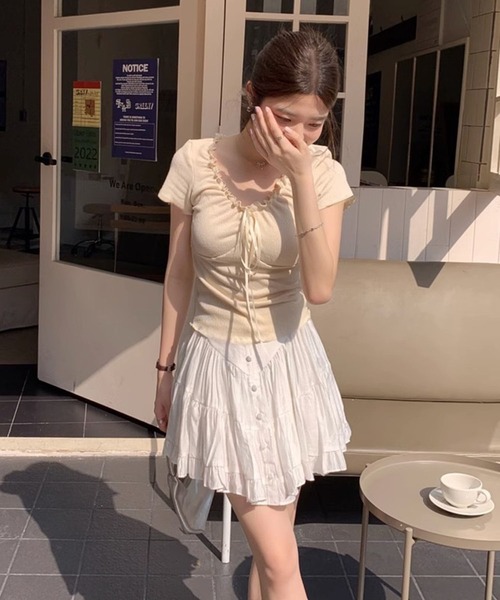 VIBGYOR(ヴィブジョー)の「【EIZZ/アイズ】フロント リボン ギャザーフリル 半袖 Tシャツ(Tシャツ/カットソー・レディース・オフホワイト/アイボリー/ピンク・FREE)」の5枚目の写真