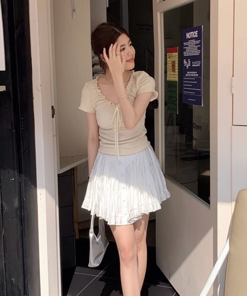 VIBGYOR(ヴィブジョー)の「【EIZZ/アイズ】フロント リボン ギャザーフリル 半袖 Tシャツ(Tシャツ/カットソー・レディース・オフホワイト/アイボリー/ピンク・FREE)」の6枚目の写真