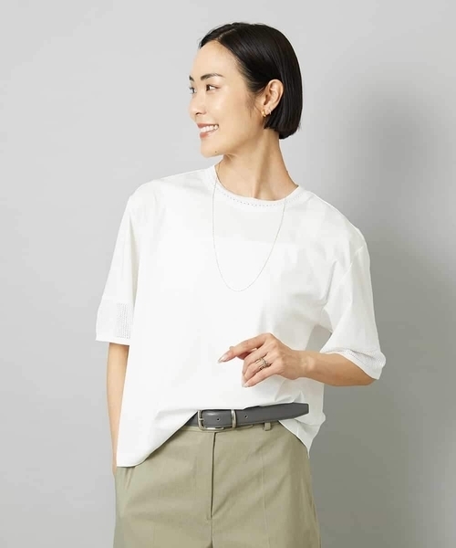 MICHEL KLEIN(ミッシェル・クラン)の「袖口メッシュプルオーバー(Tシャツ/カットソー・レディース・ホワイト/ブルー/ブラック・40/38)」の1枚目の写真