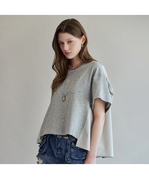 MAXZA(マージャコレクション)の「配色アンバランスルーズフィット半袖Tシャツ(Tシャツ/カットソー・レディース・グレー/ブラック・FREE)」の1枚目の写真