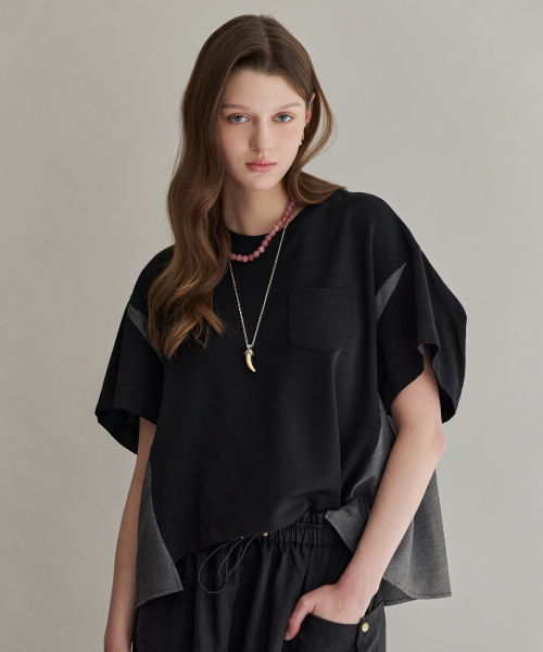 MAXZA(マージャコレクション)の「配色アンバランスルーズフィット半袖Tシャツ(Tシャツ/カットソー・レディース・グレー/ブラック・FREE)」の3枚目の写真