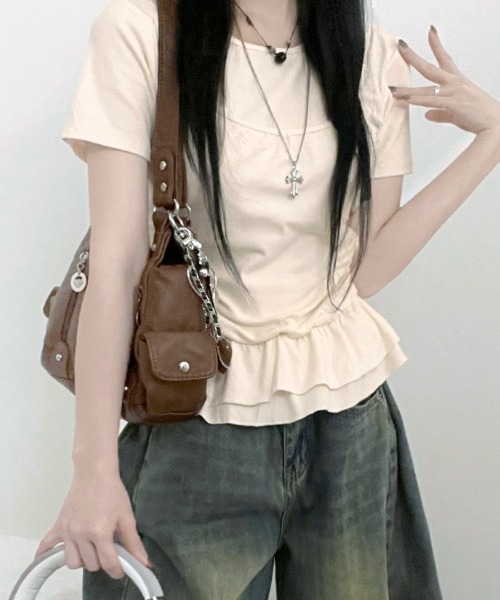 REMUR(レミュール)の「レイヤードキャミティアードフリルTシャツ(Tシャツ/カットソー・レディース・ホワイト/クリーム・FREE)」の11枚目の写真