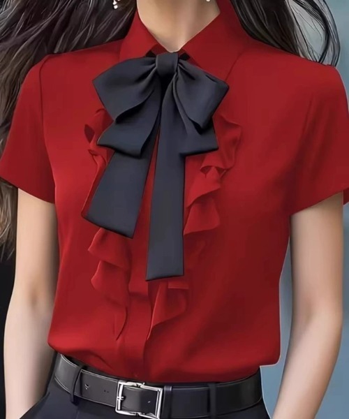 deux amour(ドゥーザムール)の「リボンタイフリル半袖シャツ(Tシャツ/カットソー・レディース・ブラック/ホワイト/レッド/イエロー・FREE)」の1枚目の写真