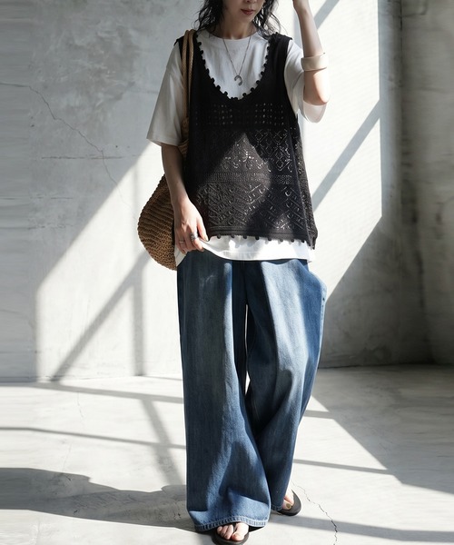 antiqua(アンティカ)の「透かし編み ニットベスト 半袖 Tシャツ レイヤード セット(Tシャツ/カットソー・レディース・ホワイト系その他/グレー系その他・ONESIZE)」の10枚目の写真