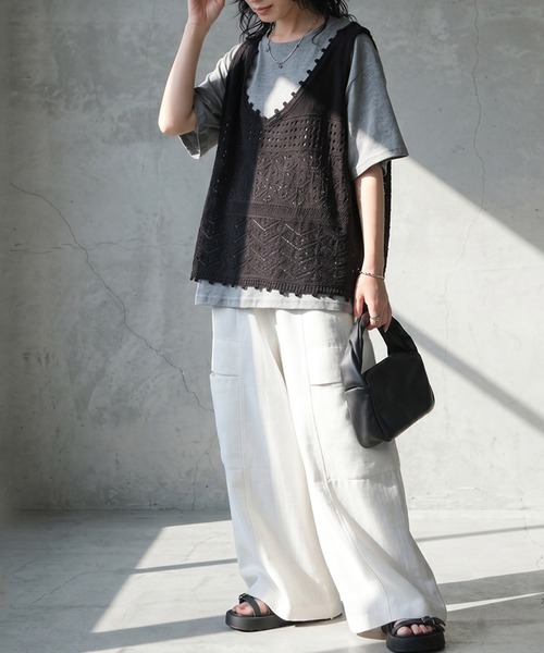 antiqua(アンティカ)の「透かし編み ニットベスト 半袖 Tシャツ レイヤード セット(Tシャツ/カットソー・レディース・ホワイト系その他/グレー系その他・ONESIZE)」の5枚目の写真
